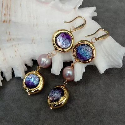 Freshwater Cultured Purple Pearl Murano Glass Dangle Long Hook Earrings • $18