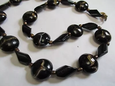 Vintage Puff Disk Gold Foil Fleck Black VENETIAN Murano  GLASS Beaded Necklace • $8.99