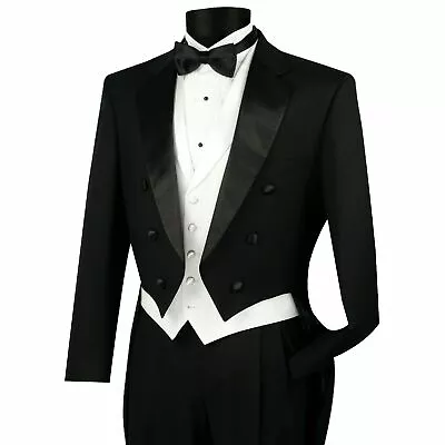 VINCI Men's Black Formal Classic Fit Tailcoat Tuxedo Suit W/ White Vest NEW • $140