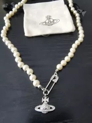 Vivienne Westwood NaNa Safety PIN Crystal ORB Chain Pearl Silver Necklace • $32