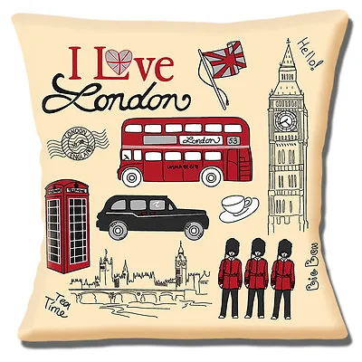 London Icons Cushion Cover I Love London Big Ben Bus Taxi Cream 16 Inch 40 Cm • £10.95