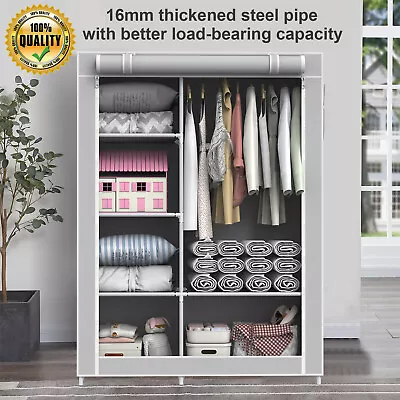 Large Canvas Fabric Wardrobe With Hanging Rail Shelving Clothes Storage Cupboard • £16.99