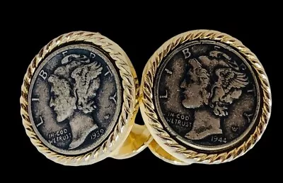 Authentic 90% Silver United States US Mercury Dime Cufflinks W/Gold Tone Setting • $19.95