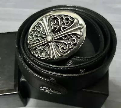 Biker Rocker Leather Belt W/ 925 Serling Silver Oval Fleur Cross Buckle Size 42 • $399.99