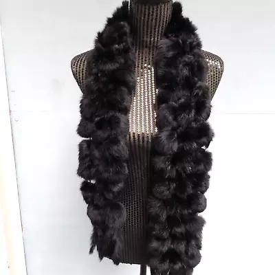 Genuine Rabbit Fur Pom Pom Black Scarf 56 Inches Long Mob Wife • $29.99