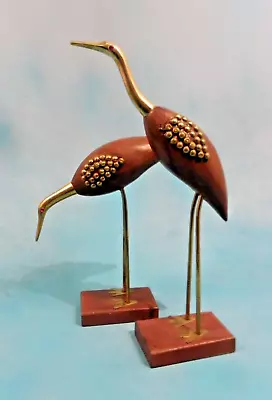 Pair Of Birds Storks Figurines Wood & Gold Tone Metal 8  & 10.5  Tall • $19.99