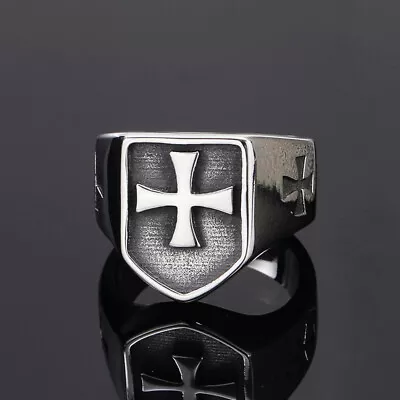 Vintage Crusades Cross Shield Signet Ring Stainless Steel Silver Size 7-13 • $12.98