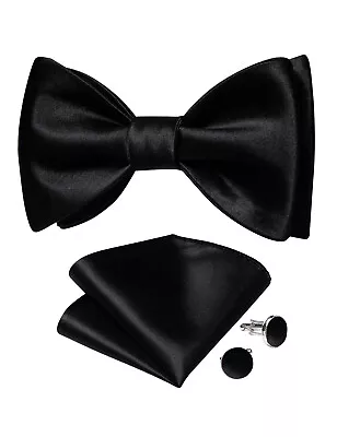 Mens Adjustable Bow Ties Self Black Solid Paisley Floral Silk Hanky Cufflink Set • $7.99