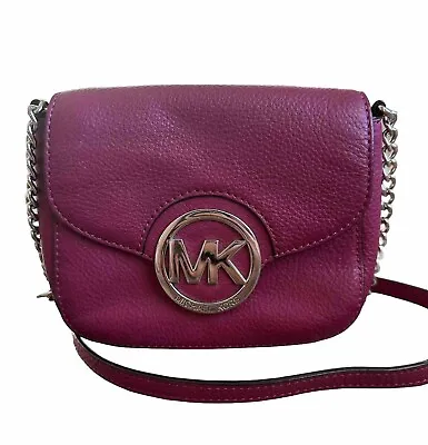MICHAEL KORS Fulton Raspberry Magenta Leather Small Crossbody Bag Pink Purse • $35