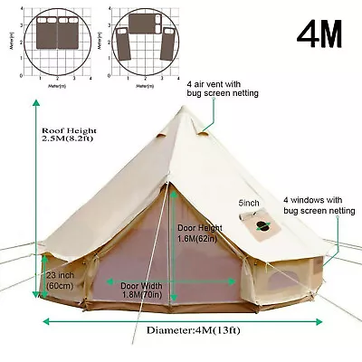 VEVOR Canvas Bell Tent 3/4/5/6/7M Yurt Tent 4-Season Glamping Waterproof Cotton • £314.39