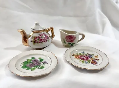 4 Japan Porcelain Miniature Tea Set Flowers Gold Trim • $10