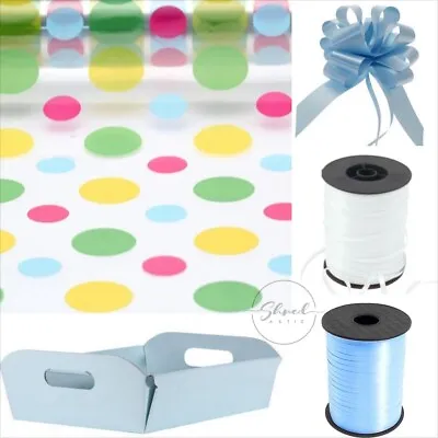 ShredAstic®️ Dot Florist Cellophane Wrap Blue Hamper Tray Pull Bow Ribbon Easter • £0.99