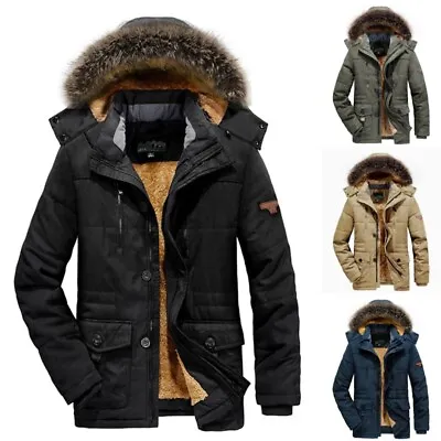 Men Hooded Parka Long Sleeve Winter Warm Coat Casual Fleece Lined Outdoor Jacket • $68.77