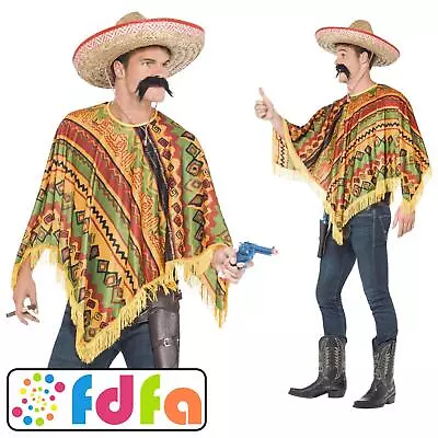 Smiffys Mexican Poncho Instant Kit With Moustache Adults Fancy Dress Costume • £13.09