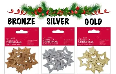 £2.99 • Buy Wooden Christmas Star Embellishments, Glittered Star Shapes For Crafting/cards