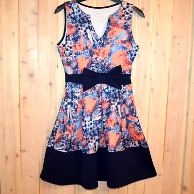 Quiz Size 6 Navy Blue Coral Pink Floral Bow Dress Wedding Holiday Cruise Races • £6.99