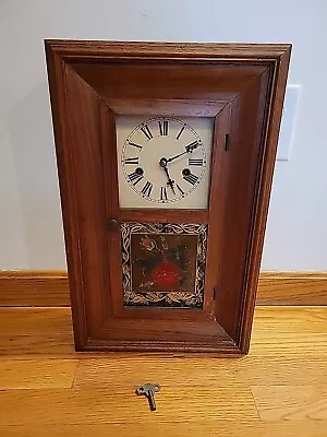 Antique E.N. WELCH Wood Mantle CLOCK W/ Flower Painted Thirty Hour Brass Clock • $139.95