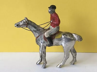 Vintage Japan Cast Iron Lead Silver Painted Horse &Jockey Childs Play Toy Figure • $119.99