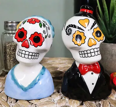 Mexican Couple Wedding Sugar Skulls Day Of The Dead Ceramic Salt Pepper Shakers • $16.99