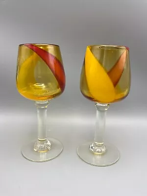 2x Hand Blown Art Glass FIRE SWIRL Murano Style Goblet Wine Glass Abstract • $34.77