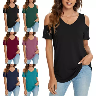 $22.79 • Buy Womens Short Sleeve Cold Shoulder T Shirt Tops Ladies Casual Baggy V Neck Blouse