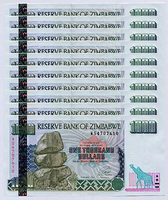 Zimbabwe 1000 Dollars Banknote X 10 Pcs 2003 P12 Consecutive UNC Currency Bills • $160.47