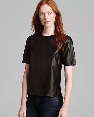 Vince Black Leather High Low S/S Tee Top $595 NWT XS • $189.99