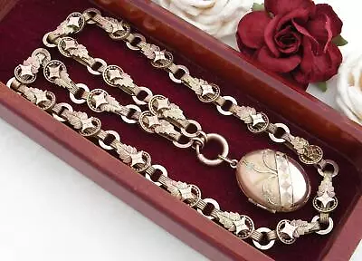 Antique Victorian 14k Solid Tri Gold Locket & 10k Gold Gf Bookchain Necklace • $211.93