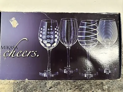 Mikasa Cheers Barware Set Of 4 White Wine Glasses 16oz Swirl Dot Stripes 8-3/4” • $39.67