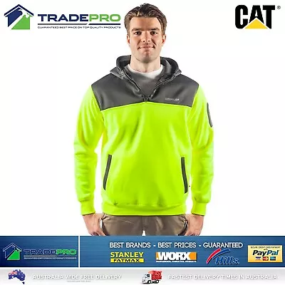 CAT Caterpillar Mens Genuine Hoodie Yellow Hi-Vis 1/4 Zip Jumper Workwear Small • $49