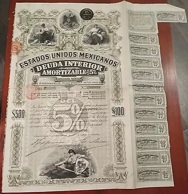 Mexico 1896 Deuda Interior Green Lady $500 Letter  F  ORIGINAL COUPONS Bond Loan • $470