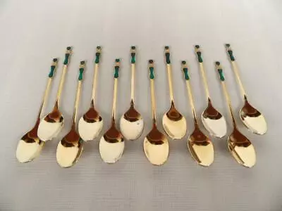 Vintage Retro Set X 12 Gold Stainless Steel & Green Enamel Coffee Spoons Japan • $45