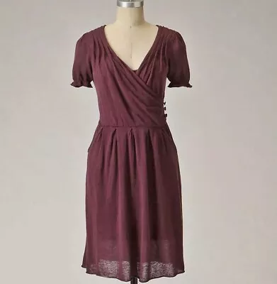 MOTH ANTHROPOLOGIE Dress Womens Small Plum Linen Ruched Sideswept Sweater Dress • $20.30