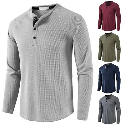 $5.83 • Buy Men's Long Sleeve Waffle Knit Thermal T-shirt 3 Button Crew Neck Undershirt Tee