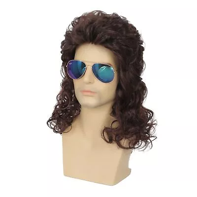 Mens Mullet Wig Brown Long Curly 80s Wig Halloween Costumes Party Hair Wig Fo... • $29.17