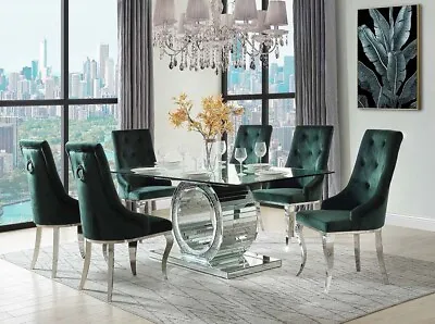 NEW Glamorous Modern Dining Room 7 Piece Mirrored Table & Green Chairs Set ICBR • $3424.89