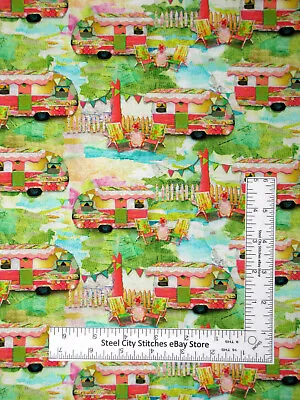 Camper RV Fabric Trailer Camp My Happy Place Digital Cotton By 3 Wishes Yard • $10.98