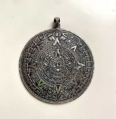 Vintage 925 Sterling Silver Mexico Mayan Calendar Large Round Pendant Signed • $99