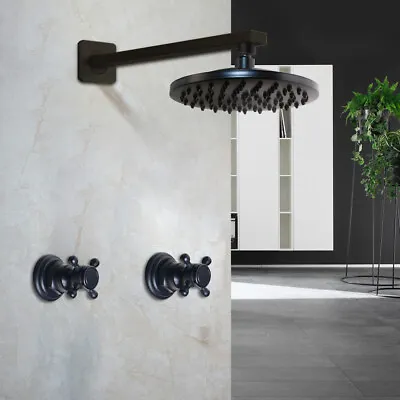 US 8  Shower Faucet Set Black Rain Round Wall Mount Dual Handles Brass Mixer Tap • $54.89
