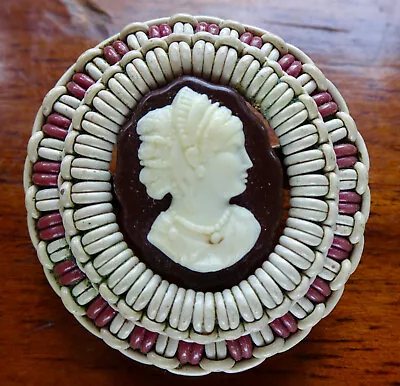 Vintage Retro 40s Make Do And Mend Woven Cameo Lady Brooch C Pin  -Q98 • £16