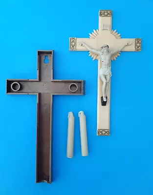 Vintage Catholic Sick Call Crucifix Set INRI Cross/Wallhang/Candles; Hong Kong • $16