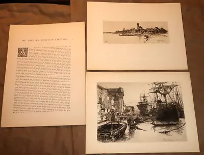 1881 Original Antique Etchings OTTO H. BACHER: VIEW IN VENICE & SCHWABELWEISS • $129