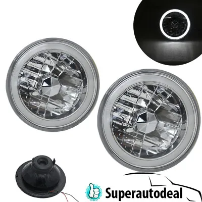 7  Inch Round White Halo Diamond Cut Chrome Headlights Angel Eyes Replacement • $28.99