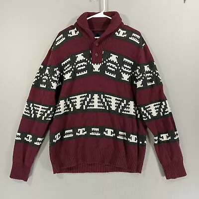 American Eagle Sweater Men Large Pullover Maroon Wool Cowl Neck Button Aztec • $15.82