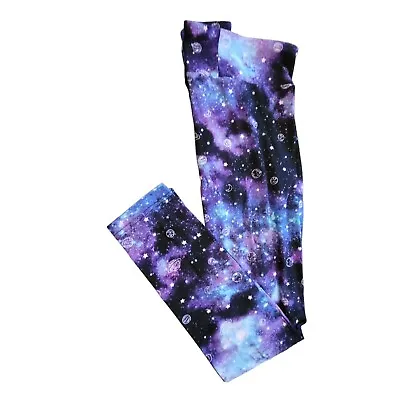 Galaxy Leggings Purple Black High Rise SOFT Sueded Juniors M 7/9 Ankle JJ3243 • $16.99