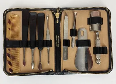 Vtg West Germany Mens Grooming Kit~Leather Zip Case~Safety Razor~Shoe Horn+9pcs • $13.95