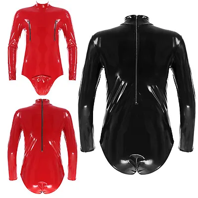 UK Men's PVC Wet Look Long Sleeve Leotard Bulge Pouch Bodysuit Zipper Clubwear • £31.43