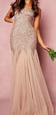 £100 • Buy Brand New Boohoo Size 6 Blush Hand Embellished Godet Mesh Strappy Prom Dress