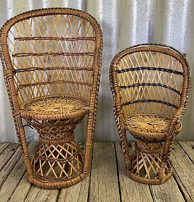 VINTAGE Retro CANE WICKER DOLL FURNITURE Peacock Chairs PLANT STANDS • $55