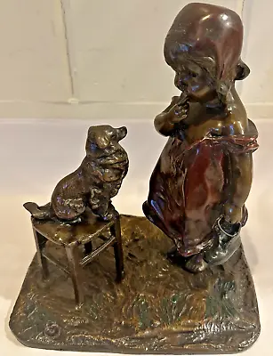 Vintage Bronze SCULPTURE Of Little Girl & Her Dog  Signed Juan Clara 9  Tall • $135